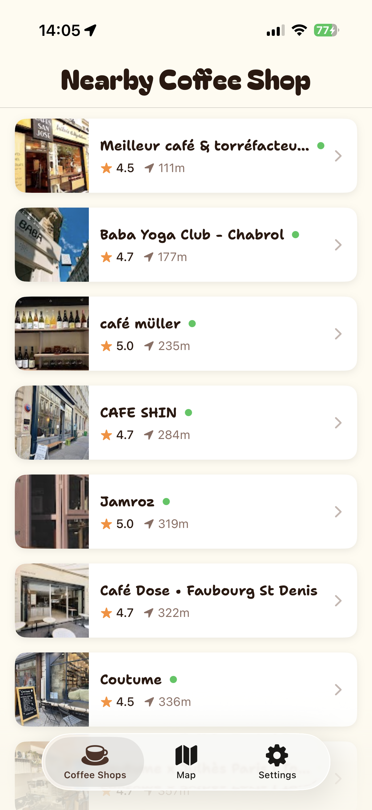 List View - Browse coffee shops